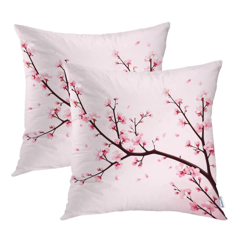 Batmerry Spring Pillows Decorative Throw Pillow Covers 18x18 Inch Set of 2, Pink Chinese Cherry Blossom Flower Japan Plum Branch Double Sided Square Pillow Cases Pillowcase Sofa Cushion - Image 1